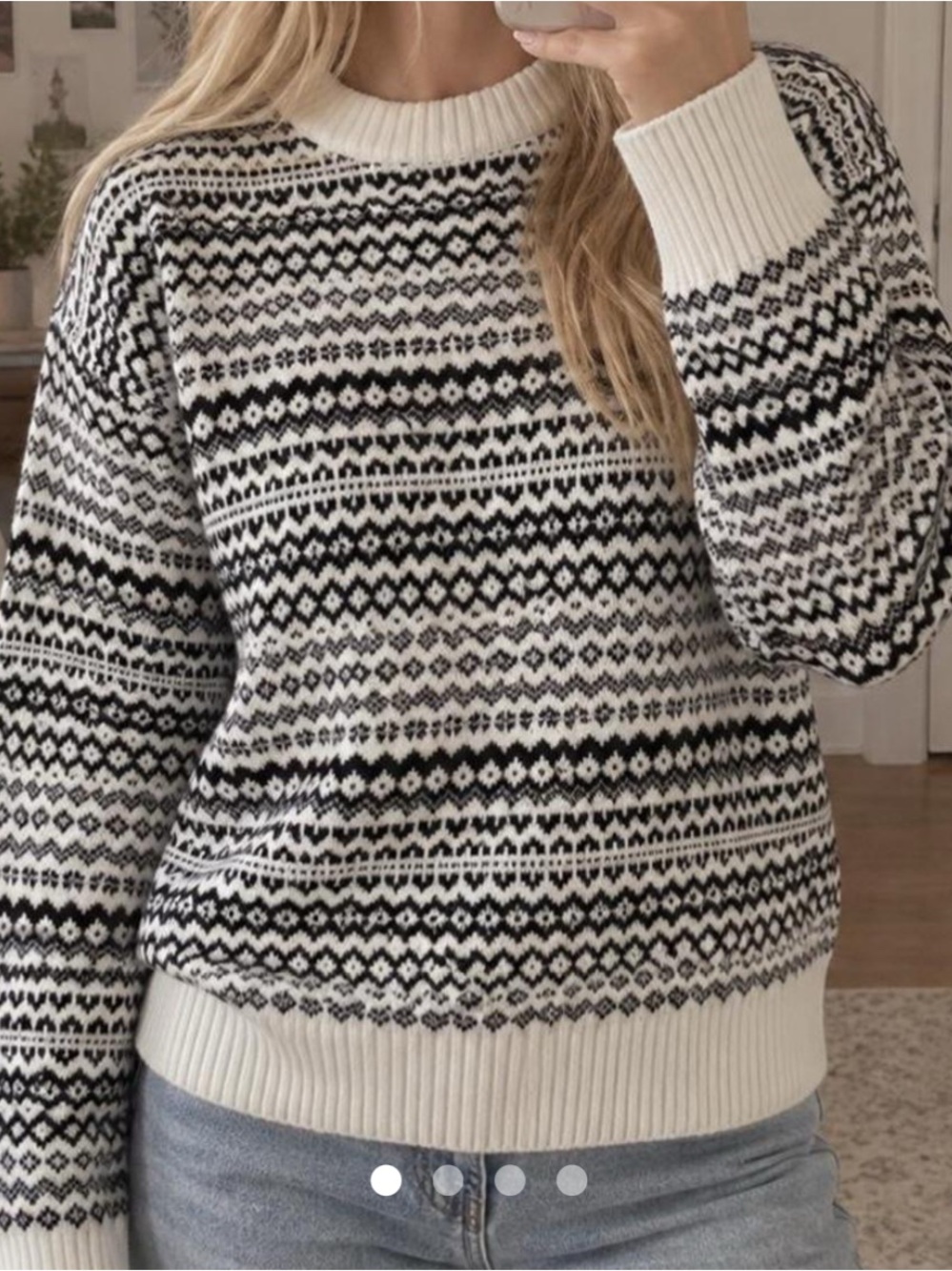 Time and Tru Black & White Fair Isle Crewneck Sweater